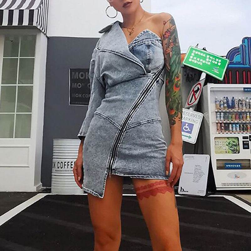 Street Fashion One shoulder Denim Mini Jeans hip dress - www.Shopthatapp.com