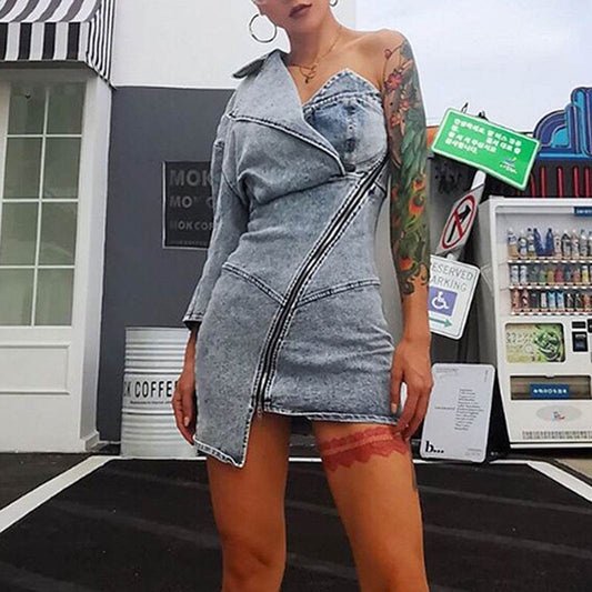 Street Fashion One shoulder Denim Mini Jeans hip dress - www.Shopthatapp.com