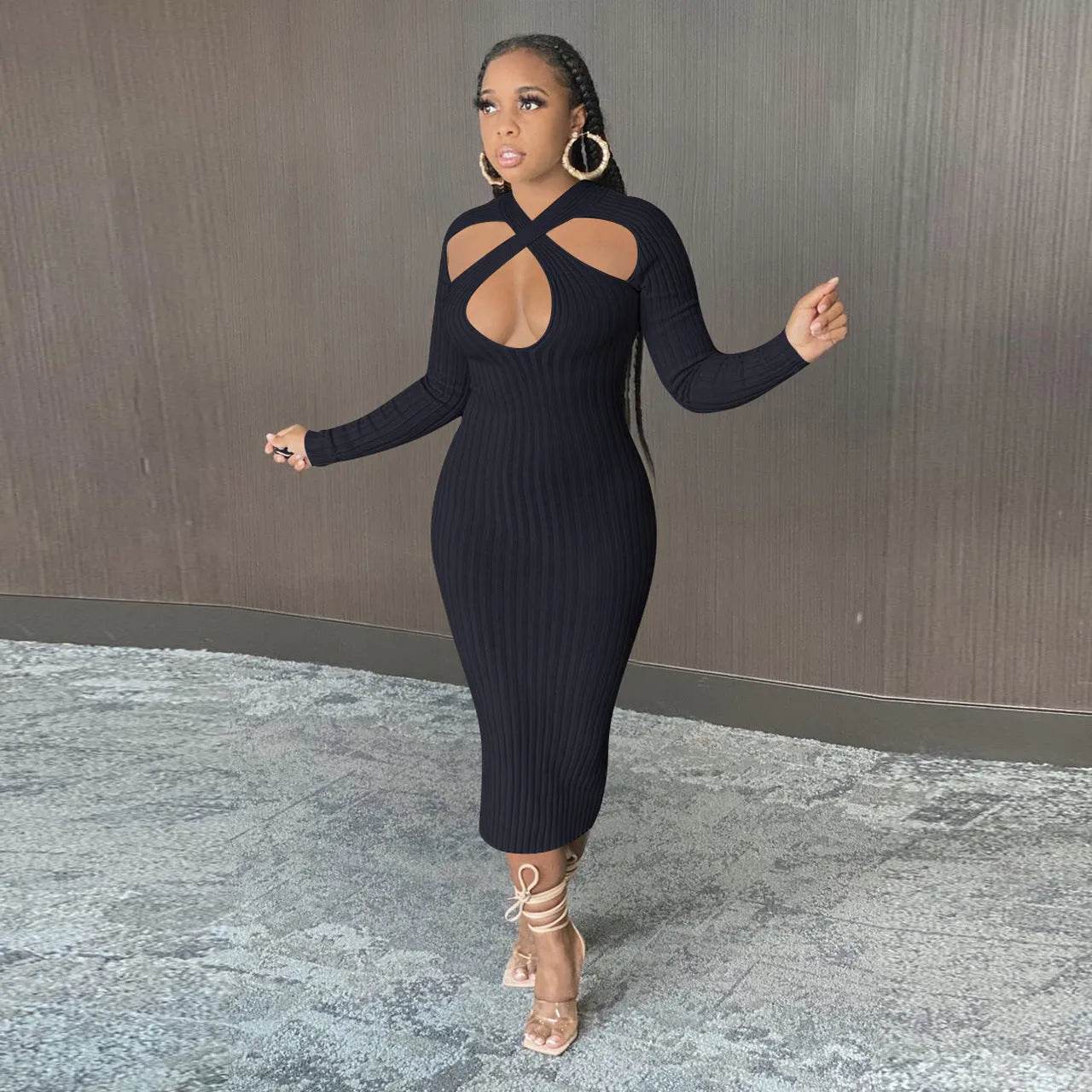 Chic V-neck Long Sleeve  Midi  Party Club Bodycon Pencil Dress - www.Shopthatapp.com