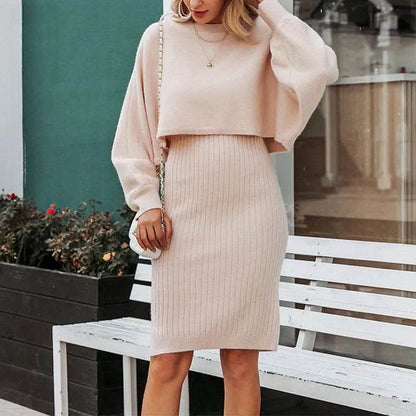 Women 2pcs Winter Outfit Cashmere dress Cropped Pullover top - www.Shopthatapp.com