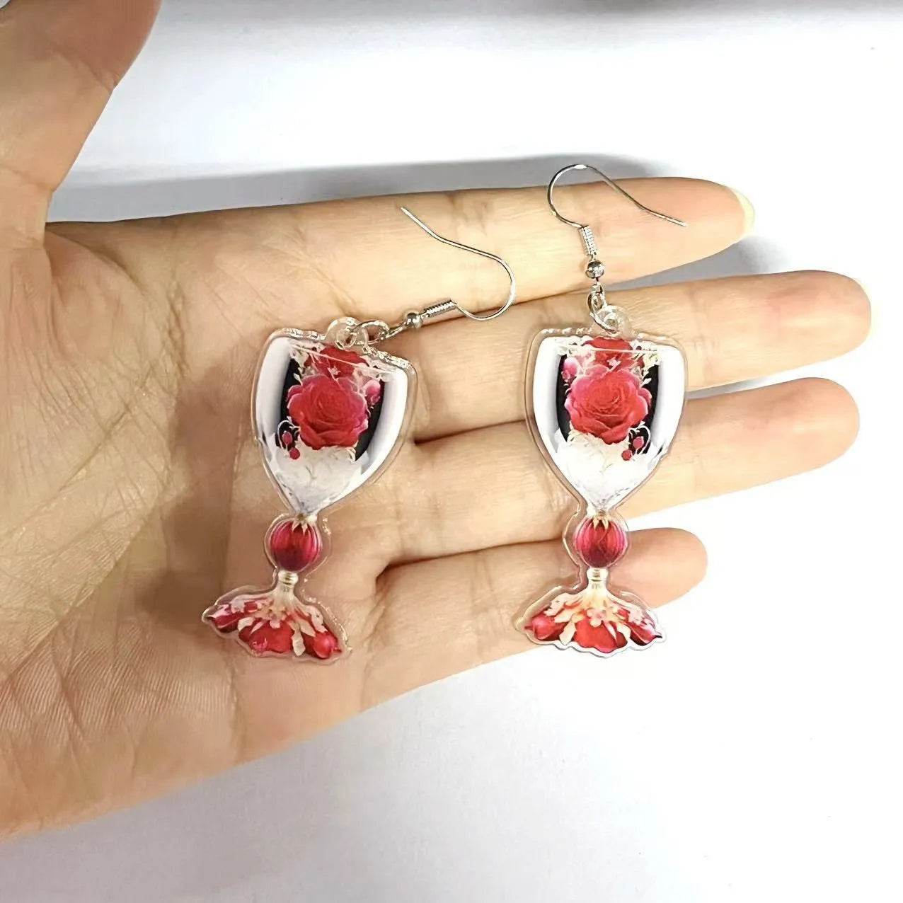 Valentine's Day Rose Wine Glass Acrylic Earrings - www.Shopthatapp.com