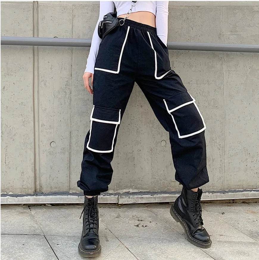 White Stripe Cargo Pants Women Trousers Pockets Patchwork Contrast Color High Waist Pants Hip Hop Capris - www.Shopthatapp.com