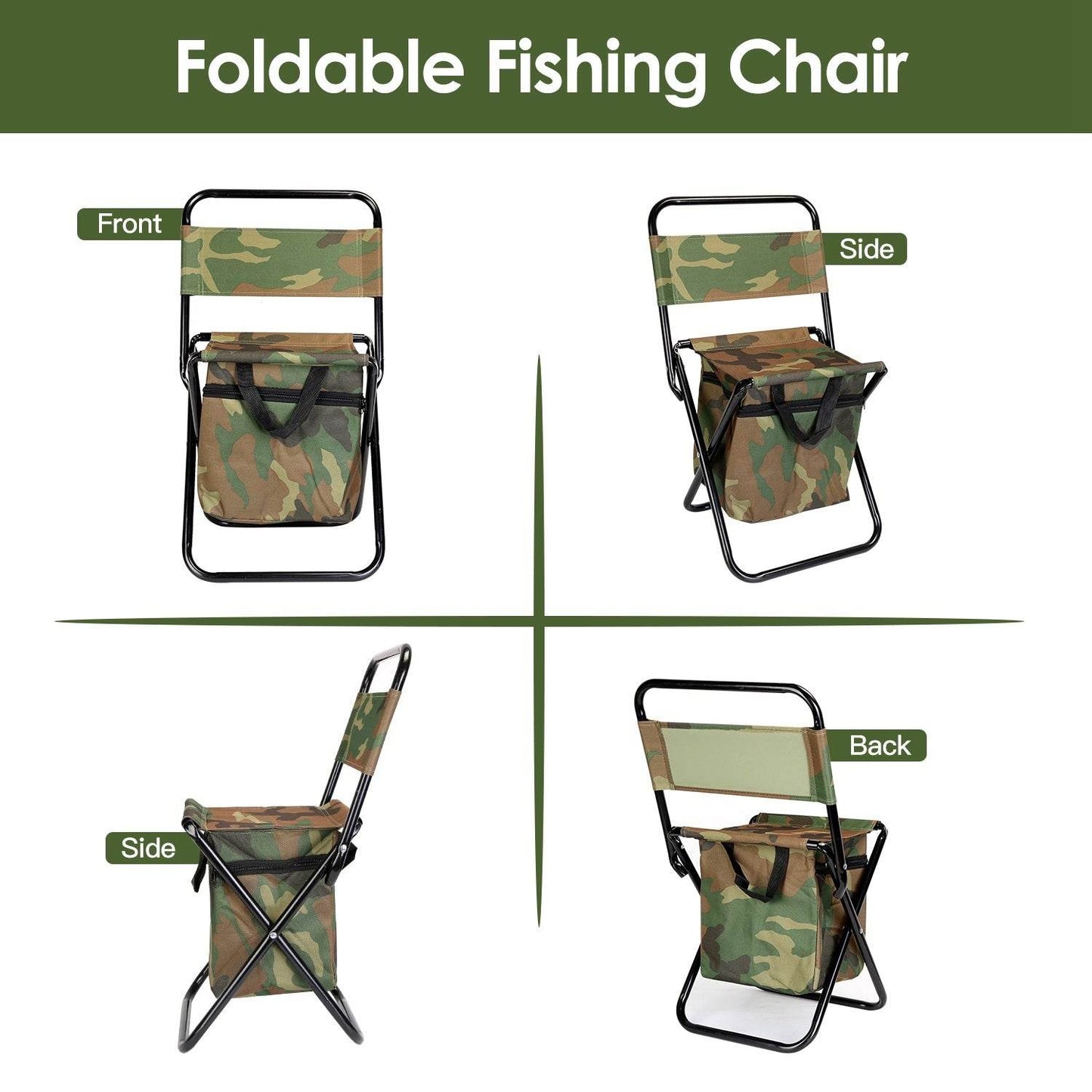 Foldable Fishing Chair With Backrest Built-In Cooler Bag Portable Handle Outdoor Lightweight Fishing Stool For Camping Hiking Hunting - www.Shopthatapp.com