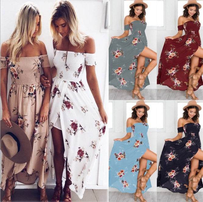 Elegant Ladies Summer Boho Vacation Resort Slit Maxi dress off shoulder Long floral Beach summer slit dress - www.Shopthatapp.com