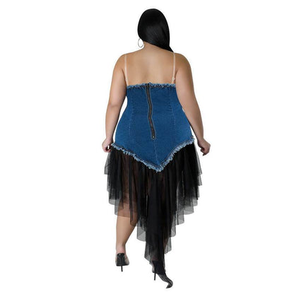 Women's Fashion Sleeveless Denim Stitching Mesh Jeans Tassel Dress - www.Shopthatapp.com