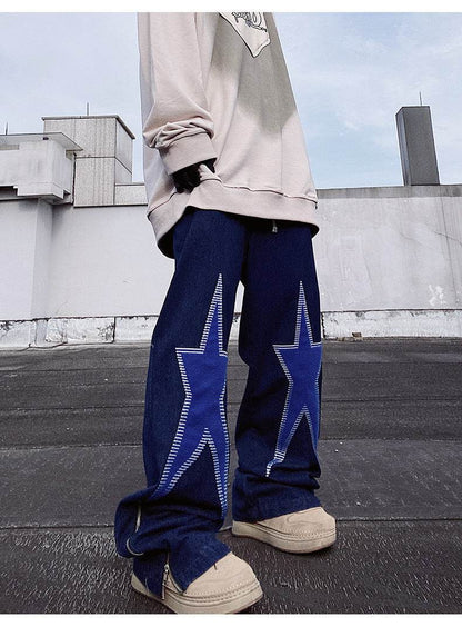 Five-pointed Star Embroidery Denim Horn Loose Straight Casual All-match Mop Jeans Baggy Trousers Men - www.Shopthatapp.com