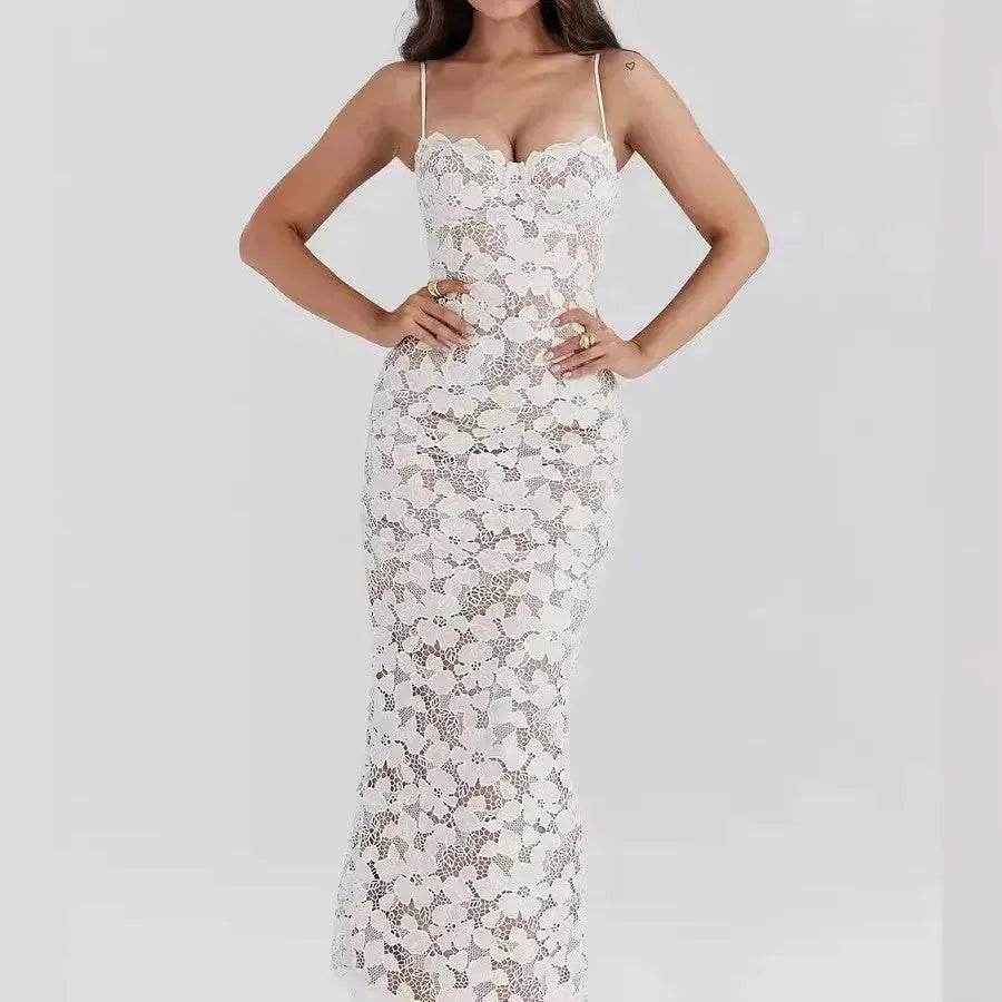 White Lace Wedding Dinner Party Cocktail Bodycon Spaghetti Strap Split Long Dress - www.Shopthatapp.com