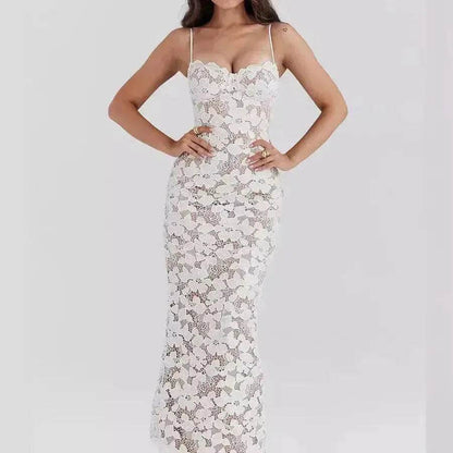 White Lace Wedding Dinner Party Cocktail Bodycon Spaghetti Strap Split Long Dress - www.Shopthatapp.com