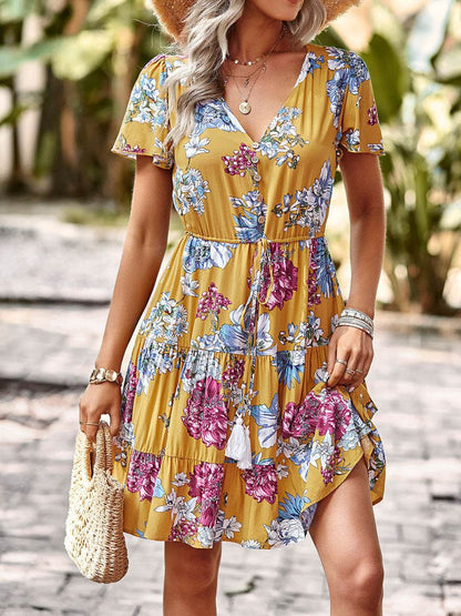 Women Casual floral summer dress  Printed V-neck short sleeve Mini Dress - www.Shopthatapp.com