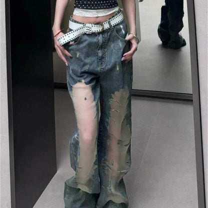 Retro Washed Ripped Baggy Jeans Pant For Women Summer Hollow Out - www.Shopthatapp.com