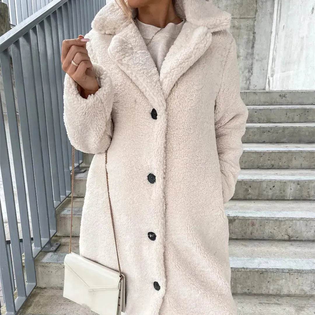Buy Women's Long-sleeved Lapel Plush Fleece sherpa button Long Winter Overcoat - www.Shopthatapp.com