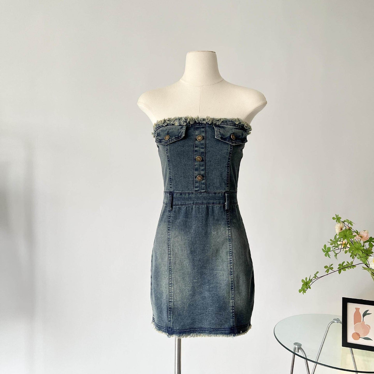 Design Waist-tight Tube Top Raw Edge Denim jeans mini club Dress - www.Shopthatapp.com