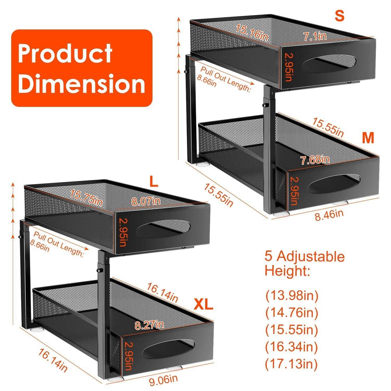 2Pcs Under Sink Organizer 2 Tier Pull Out Cabinet Baskets Storage Shelf Sliding Storage Drawers Rack With 5 Adjustable Height Mesh Baskets For Home Kitchen Bathroom Office - www.Shopthatapp.com
