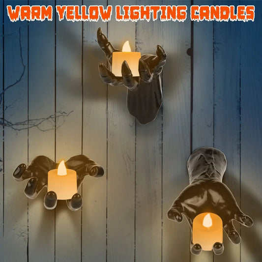 3Pcs Creepy Reaching Hands With Lighted Candles Wall Mounted Halloween Decoration Witch Devil Hand Aesthetic Goth Gothic Life Sized Horror Hands Hanging Sculpture - www.Shopthatapp.com
