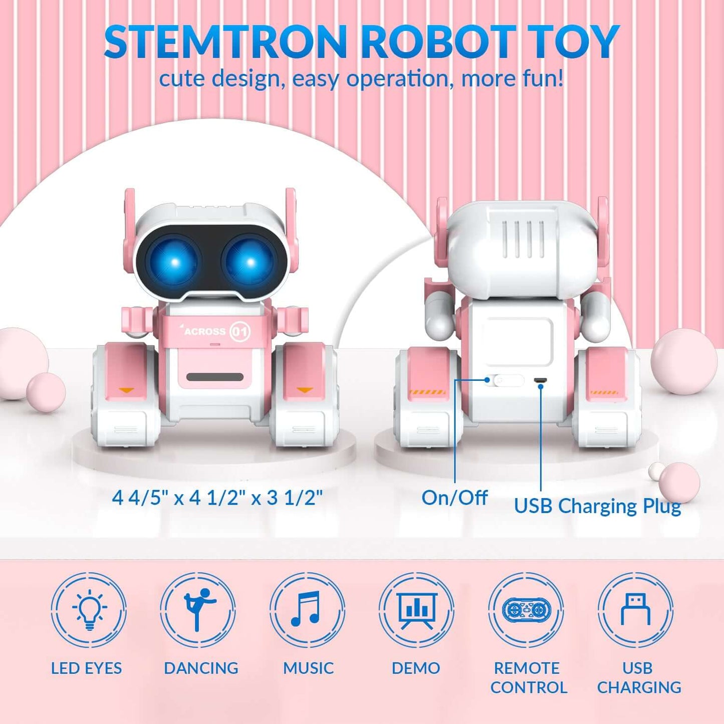 STEMTRON RC Robot Toy - Rechargeable, Auto Demo, Dance, Music, LED Eyes, 3 Colors - www.Shopthatapp.com