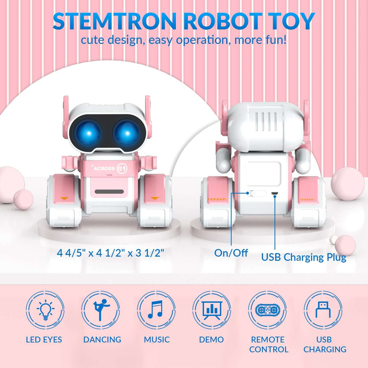 STEMTRON RC Robot Toy - Rechargeable, Auto Demo, Dance, Music, LED Eyes, 3 Colors - www.Shopthatapp.com