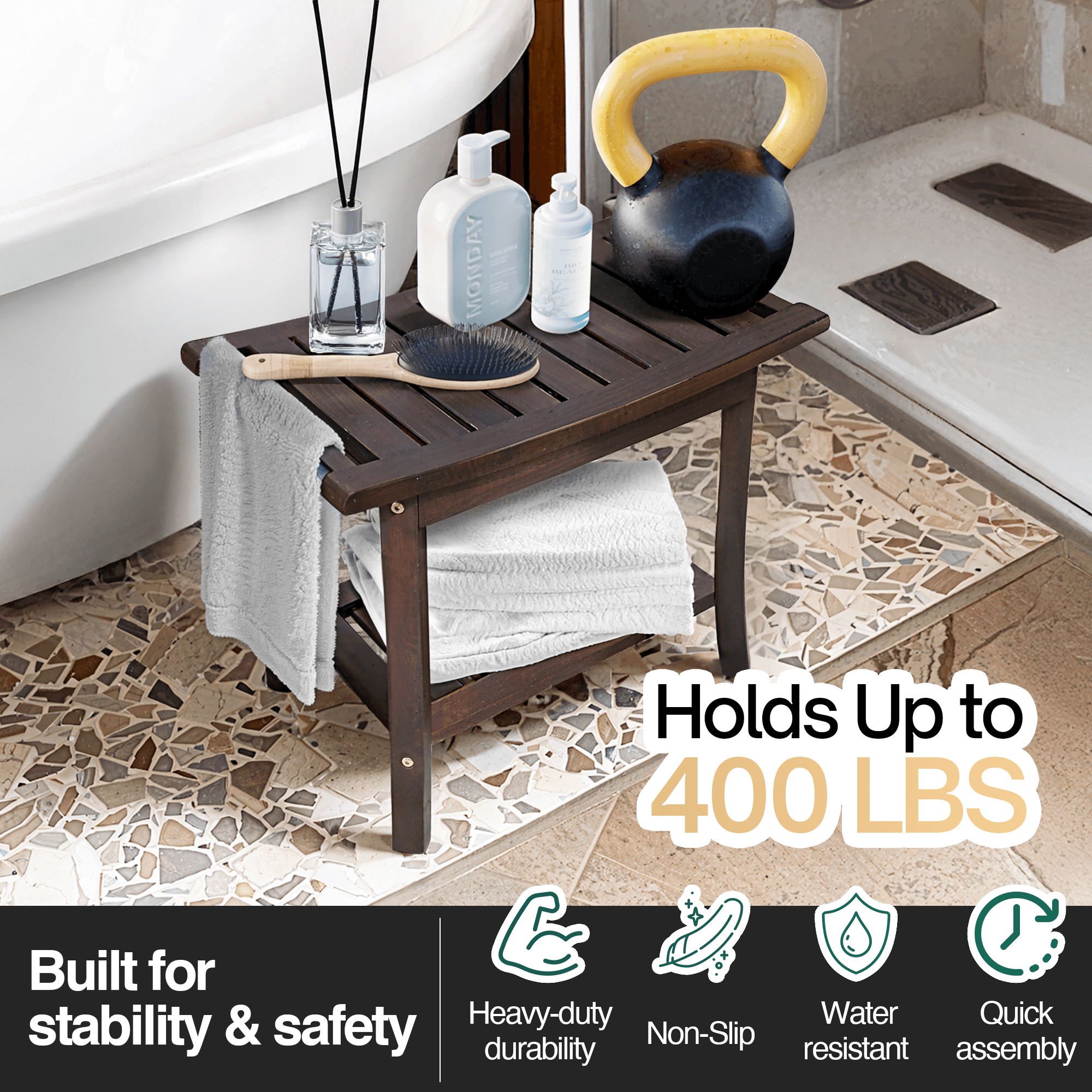 Tranquillo Wood Shower Bench, Shower Stool Wood - www.Shopthatapp.com