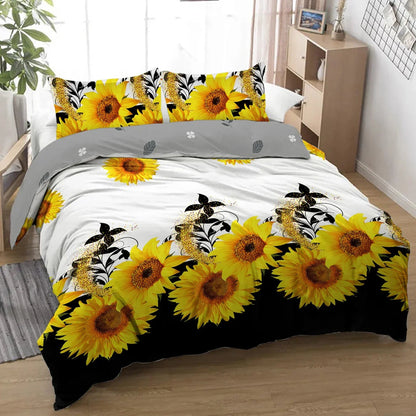 3 Pieces Black And White Background Sunflower Duvet Cover Set Yellow Flower Polyester Bedding Set For Adults Bedroom Decor Twin Full Queen King Size - www.Shopthatapp.com