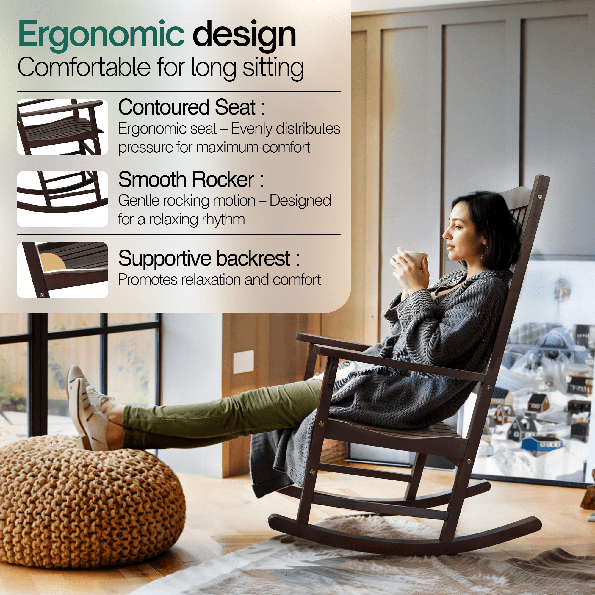 Tranquillo Oasis Wooden Rocking Chair for Patio, Porch, or Indoor Use - www.Shopthatapp.com