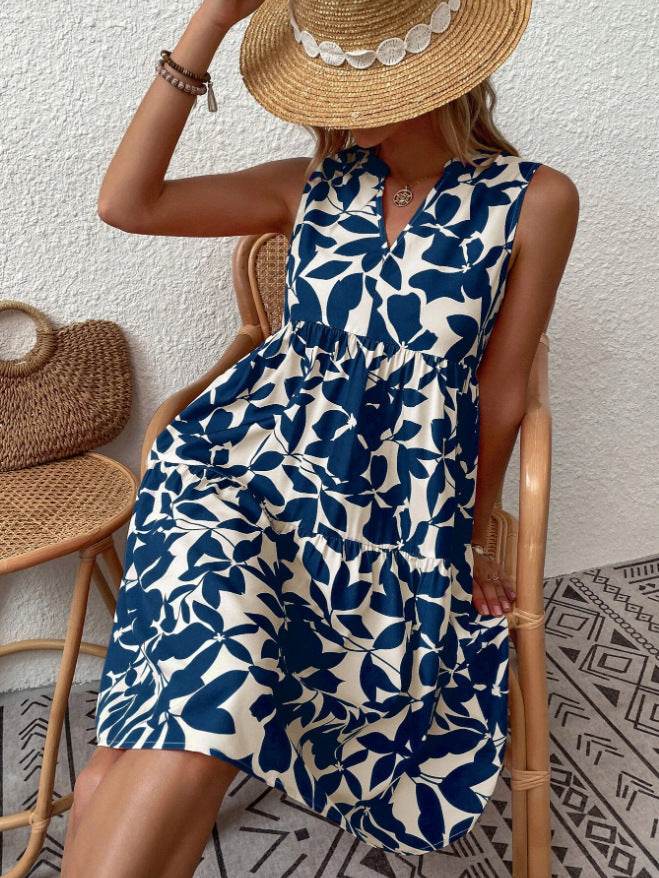Bohemian Dresses Summer Beach Fashion Loose V-neck Pleated Print Sleeveless Dress For Women - www.Shopthatapp.com