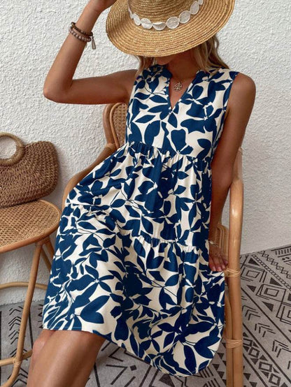 Bohemian Dresses Summer Beach Fashion Loose V-neck Pleated Print Sleeveless Dress For Women - www.Shopthatapp.com