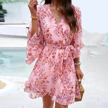 Casual Summer Chiffon Floral Print Short Sleeves Dress Lace Up Ruffles Design Fashion V-neck Short Mini Dresses Womens Clothing - www.Shopthatapp.com