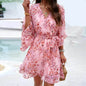 Casual Summer Chiffon Floral Print Short Sleeves Dress Lace Up Ruffles Design Fashion V-neck Short Mini Dresses Womens Clothing - www.Shopthatapp.com