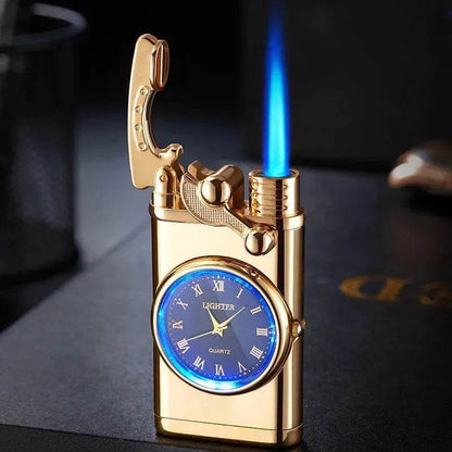 New Lighter With Electric Watch Rocker Arm Automatic Ignition Straight Blue Flame Lighter Creative Real Dial Inflatable Windproof Cigar Lighter Men's Watch Gift - www.Shopthatapp.com