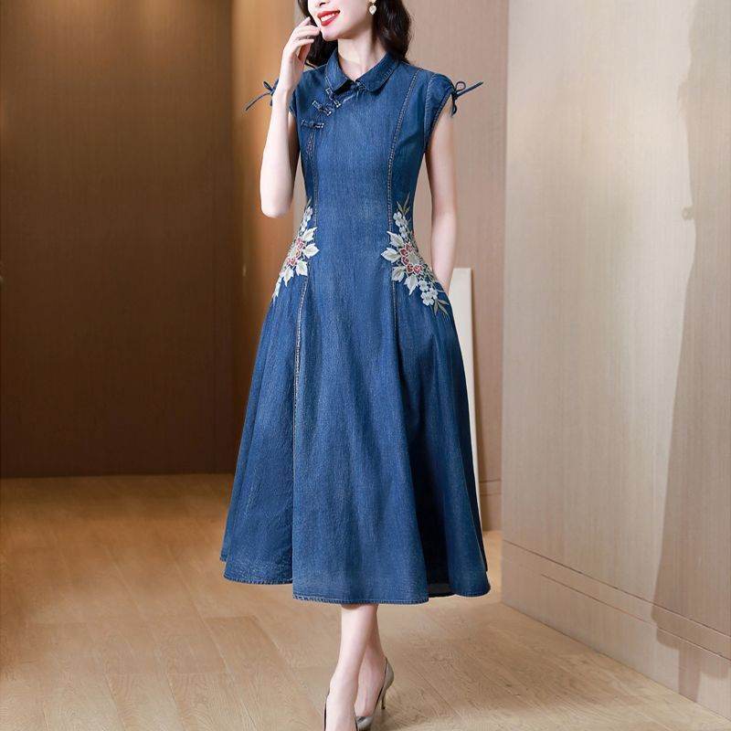 New Modified Version Denim Jeans Flared Midi Dress Female Machine Embroidery Retro - www.Shopthatapp.com