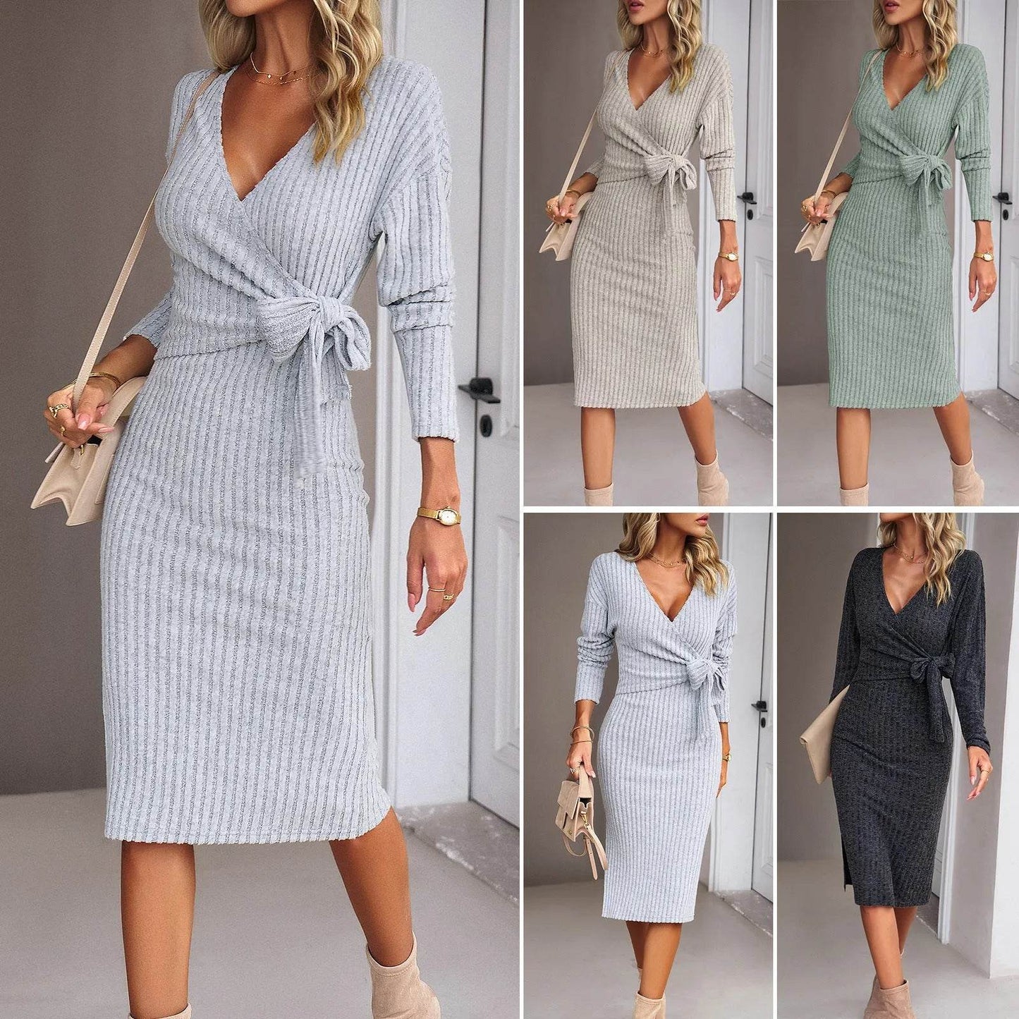 Autumn And Winter V-neck Long Sleeve Knitted sweater Wrap Dress - www.Shopthatapp.com