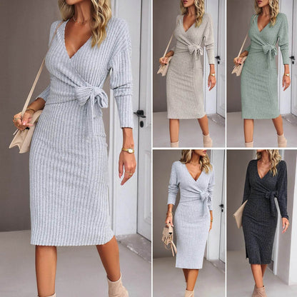 Autumn And Winter V-neck Long Sleeve Knitted sweater Wrap Dress - www.Shopthatapp.com