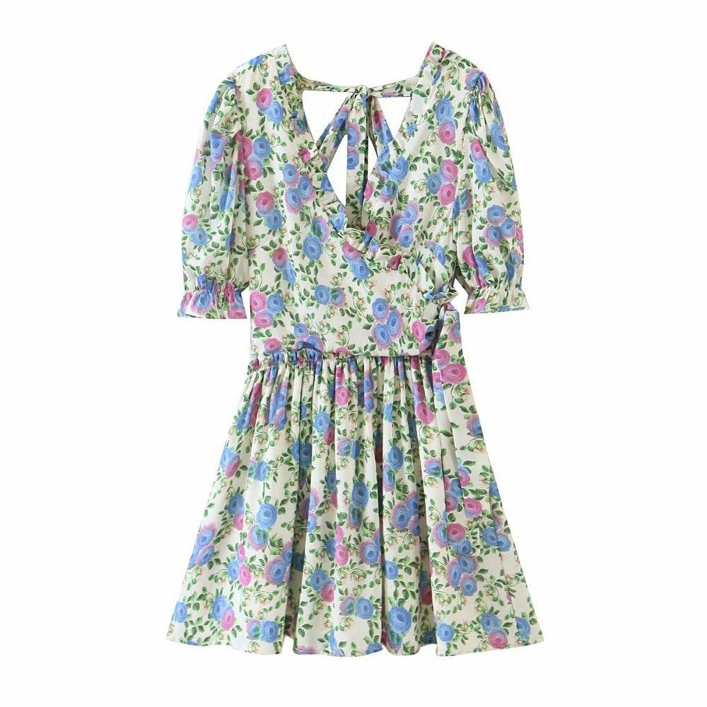 Women Summer Green Floral Chiffon Dresses Holiday Puff Short Sleeve V-Neck Back Lace Up Design Wrap One Piece Dress - www.Shopthatapp.com