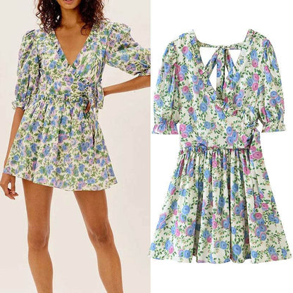 Women Summer Green Floral Chiffon Dresses Holiday Puff Short Sleeve V-Neck Back Lace Up Design Wrap One Piece Dress - www.Shopthatapp.com