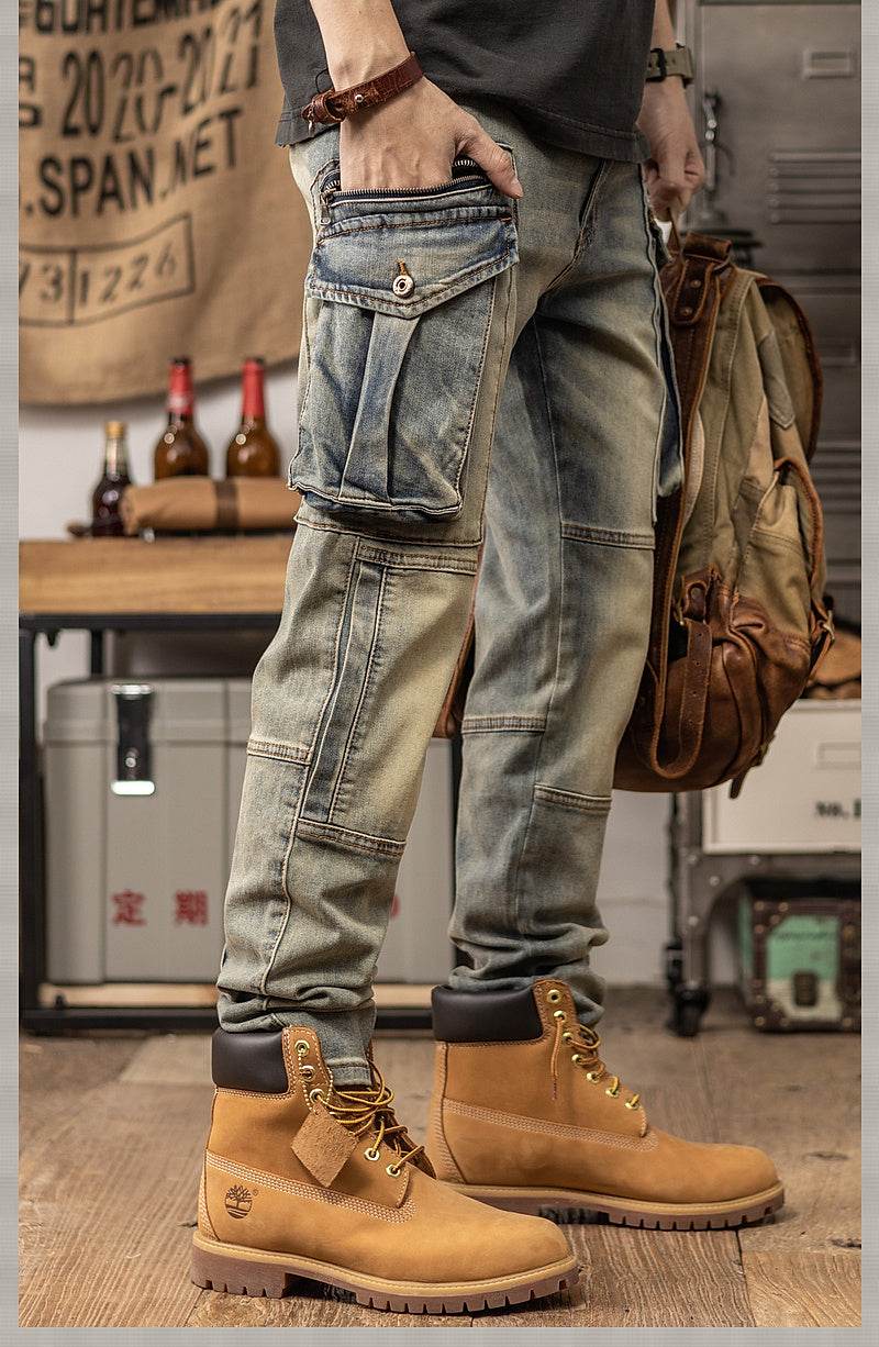 Sprin Autumn Retro Slim Fit Straight Leg Casual Distressed Denim Jeans Cargo Pant Men - www.Shopthatapp.com