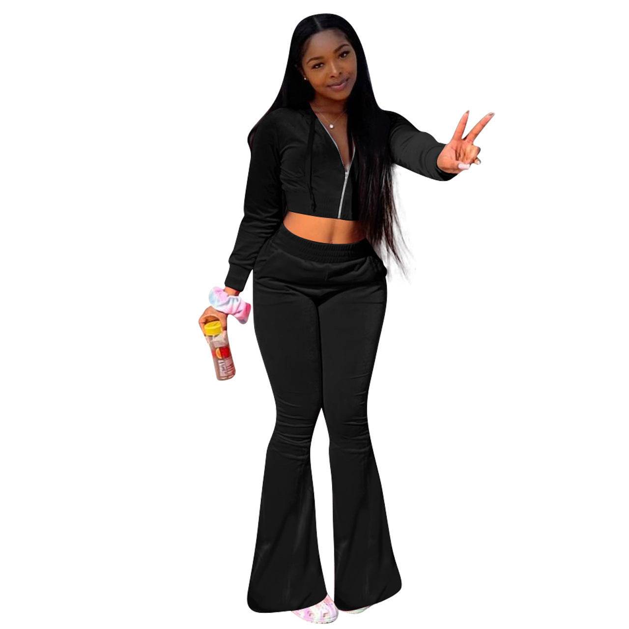 Women 2pcs Velvet Hoodie Wide leg Pant Crop top sweatsuit Athleisure Outfit - www.Shopthatapp.com