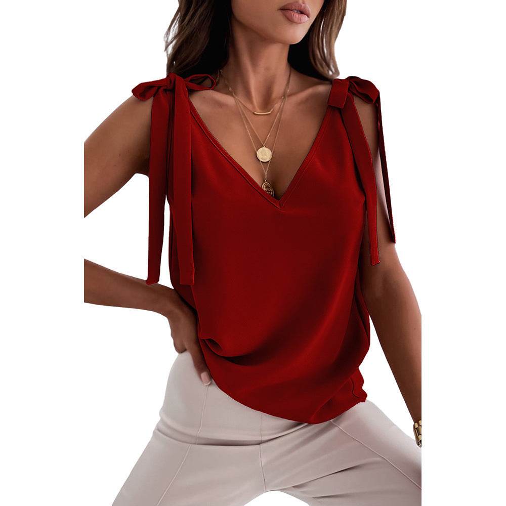 Bowknot Tie Up V-neck top Women Summer Sleeveless Blouse Tops - www.Shopthatapp.com