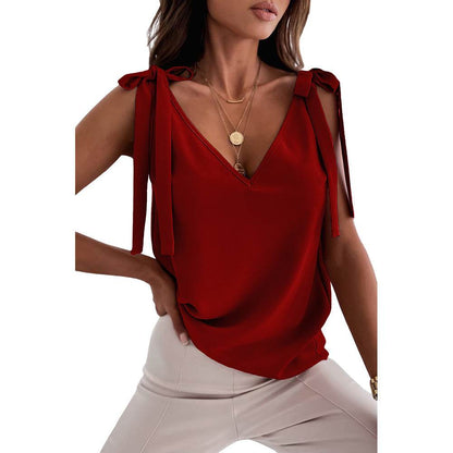 Bowknot Tie Up V-neck top Women Summer Sleeveless Blouse Tops - www.Shopthatapp.com