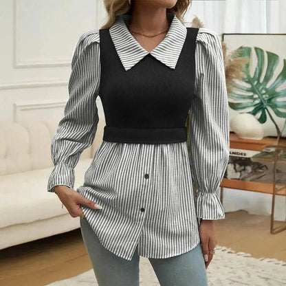 Women's Casual Contrast Color Stitching  Long Sleeve Collar Ladies Evening Top - www.Shopthatapp.com