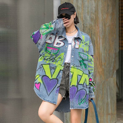 Oversized Graffiti Print Denim Jacket Women Loose Fried Street fashion - www.Shopthatapp.com