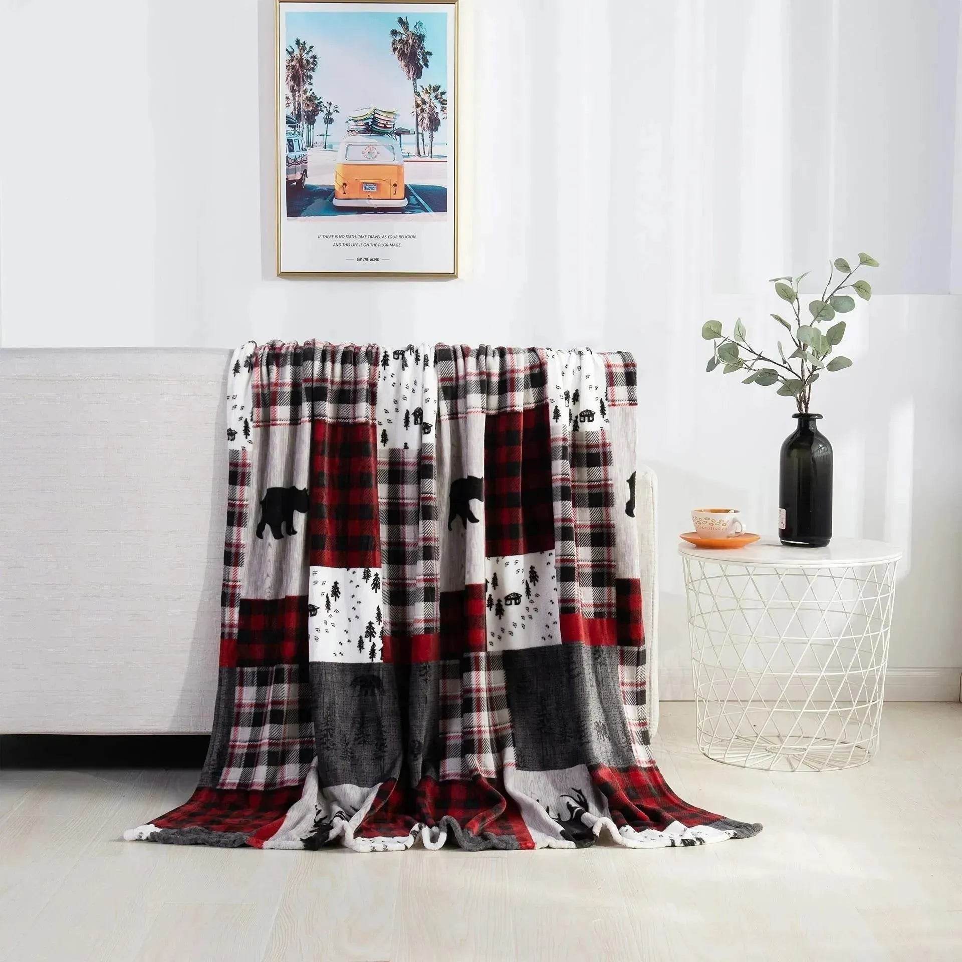 Christmas Elk Snowman Santa Claus Print Blanket Winter Double-sided Flannel Blanket For Sofa Sleeping Shawl - www.Shopthatapp.com