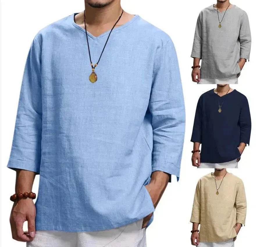 Loose Casual V-neck Top Cotton And Linen Long Sleeve Pullover Shirt Men's Shirt Top - www.Shopthatapp.com