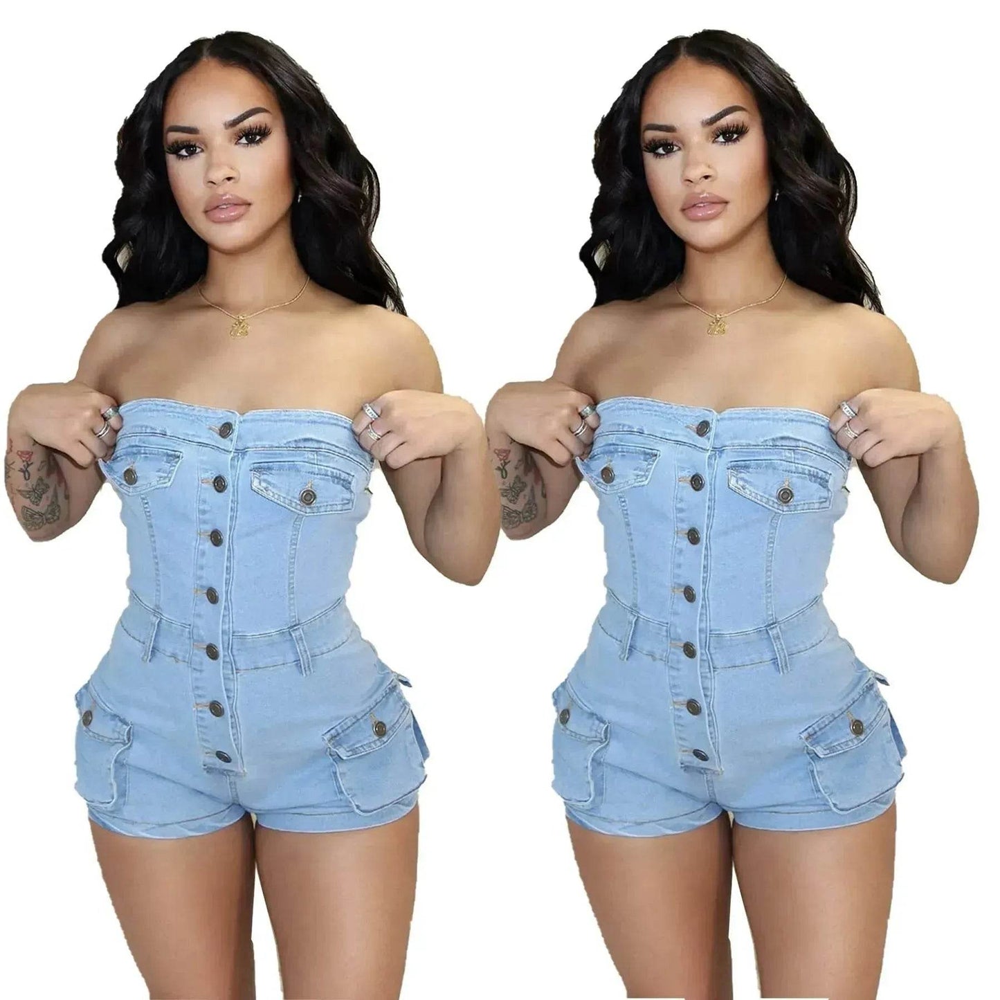 Women Denim Tube Romper Jumpsuit Strapless Bodycon Denim Short Jumpsuit - www.Shopthatapp.com