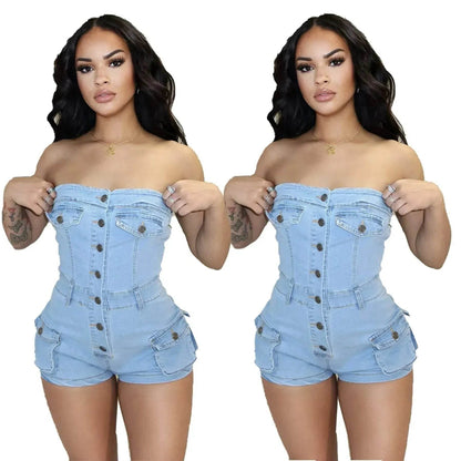 Women Denim Tube Romper Jumpsuit Strapless Bodycon Denim Short Jumpsuit - www.Shopthatapp.com