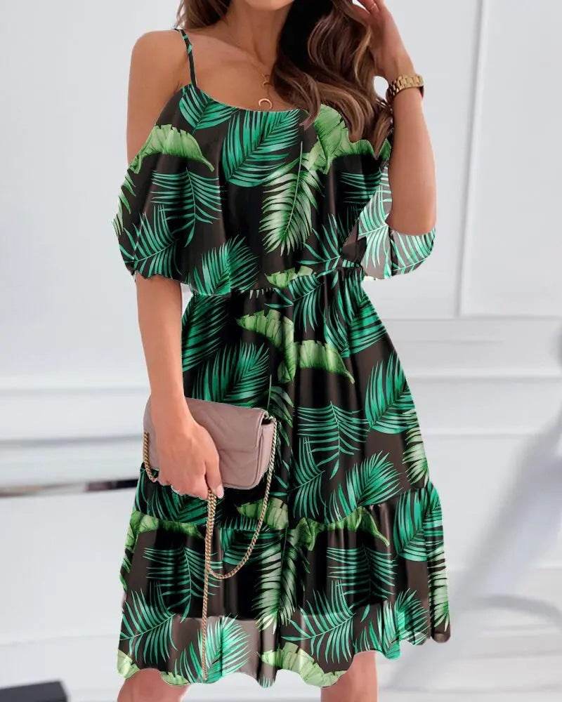 Flower Printed Ruffled Suspender Dress Summer Off-the-shoulder Strap Dresses Women - www.Shopthatapp.com