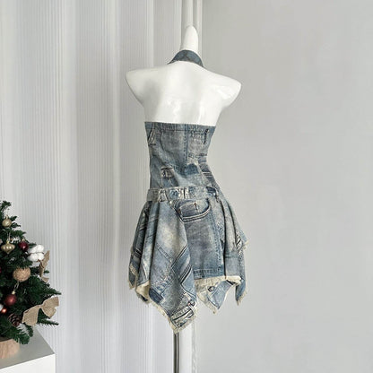 Waist-tight Halter Denim Dress Women's Distressed Retro Slimming Skirt - www.Shopthatapp.com