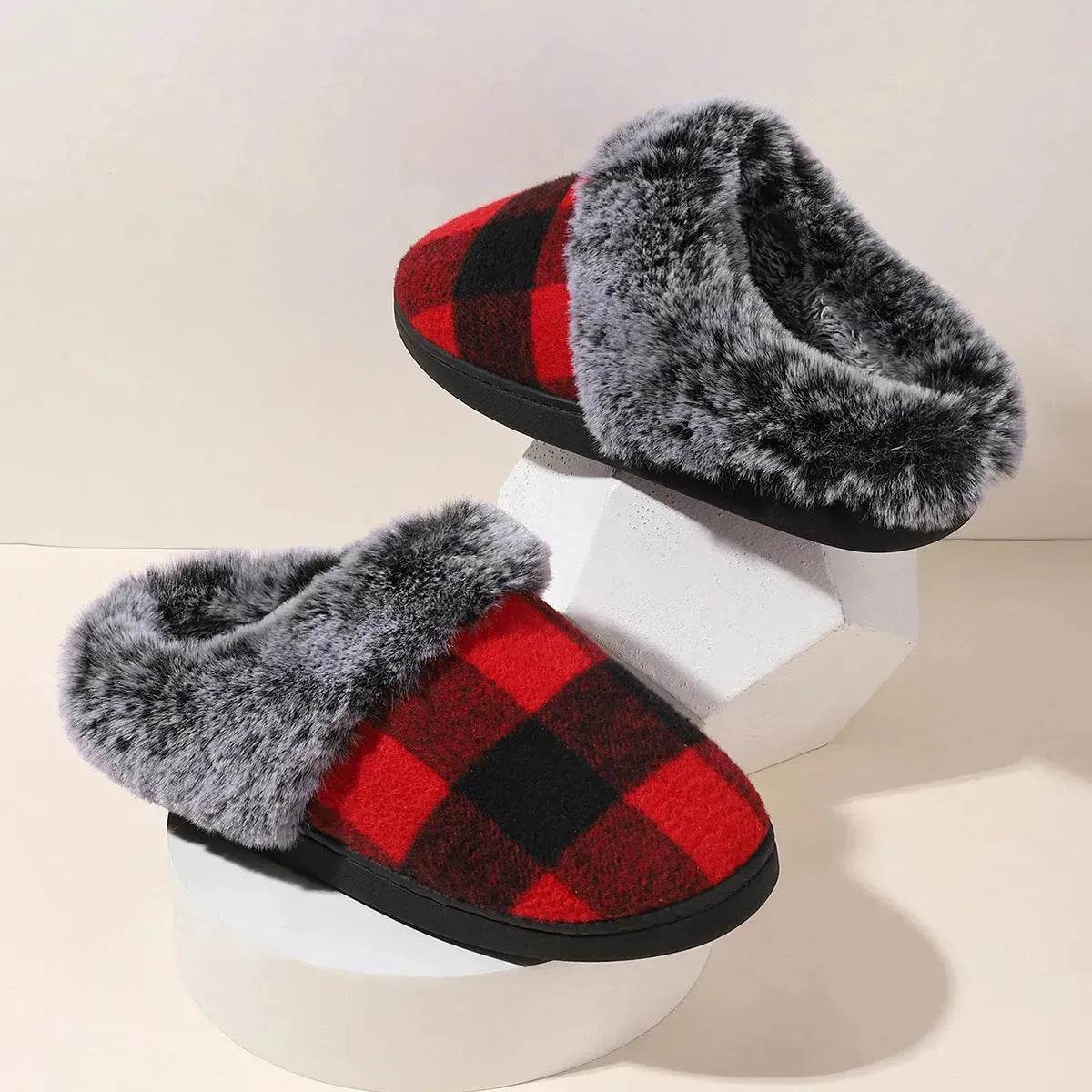 Winter Warm Plaid Plush Slippers Home Indoor Non-slip Bedroom Floor Soft Fuzzy Slipper For Couple Fashion Solid House Shoes - www.Shopthatapp.com