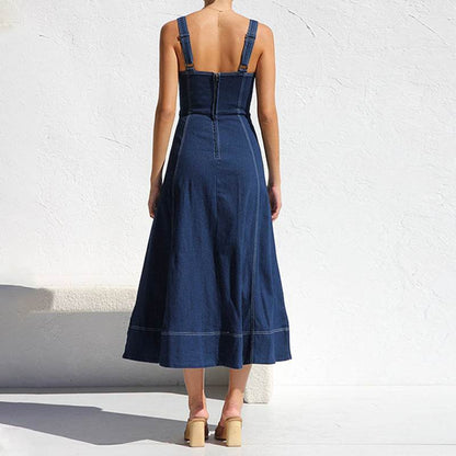 Women Sleeveless Sling Distressed Casual Style Button Denim Long Dress - www.Shopthatapp.com