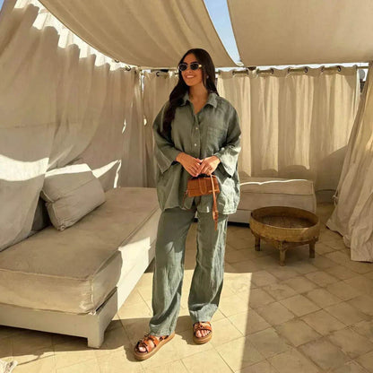 Casual Women Wide Leg Pants Long Sleeves Shirt Sets Ladies Loose High Street 2 Piece Outfits Pant co ords for Women Trouser co ords for Women - www.Shopthatapp.com