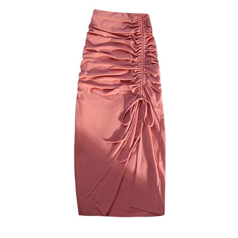 Women's drawstring Side Slit Pleated Hip Midi Skirt - www.Shopthatapp.com