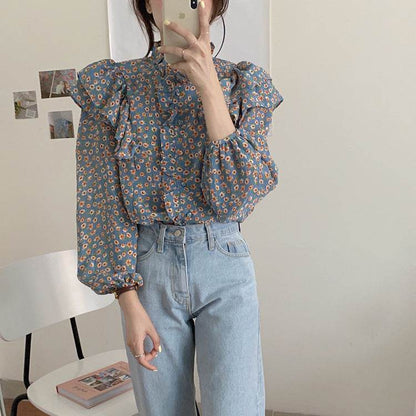 French Retro Floral Blouse Women Wood Ear blouse Women - www.Shopthatapp.com